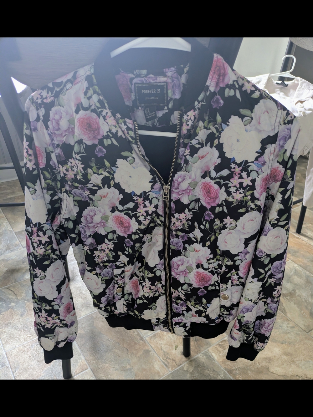 Forever 21 Black Floral Bomber Jacket with Pink and White Roses